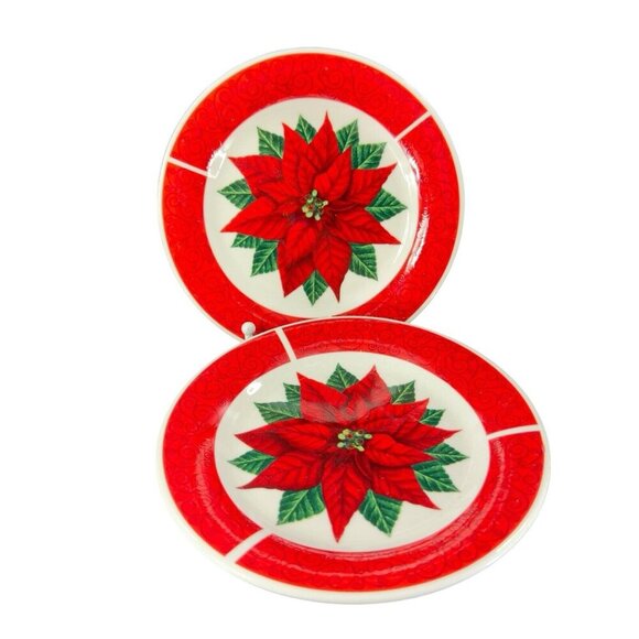 Oneida China Red Poinsettia Design Ceramic Plate Dish Set 2 Porcelain Plates - Picture 1 of 15